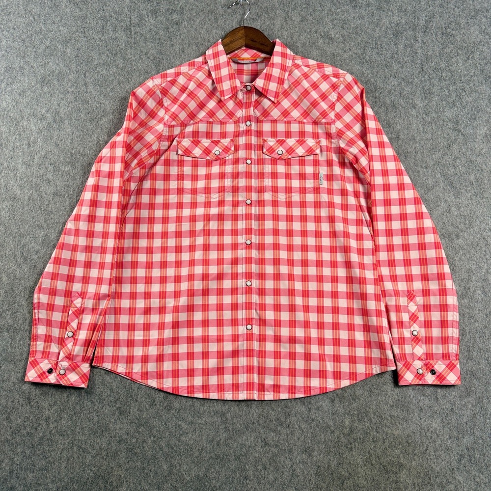 Stio Women's Eddy Long Sleeve Shirt XL Pink Orange Gingham Western Snap UPF 50+